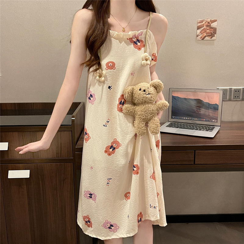Pijamas de verano de flores pequeñas nubes de algodón tela arrugada dulce princesa viento vestido de verano pijama vestido de mujer