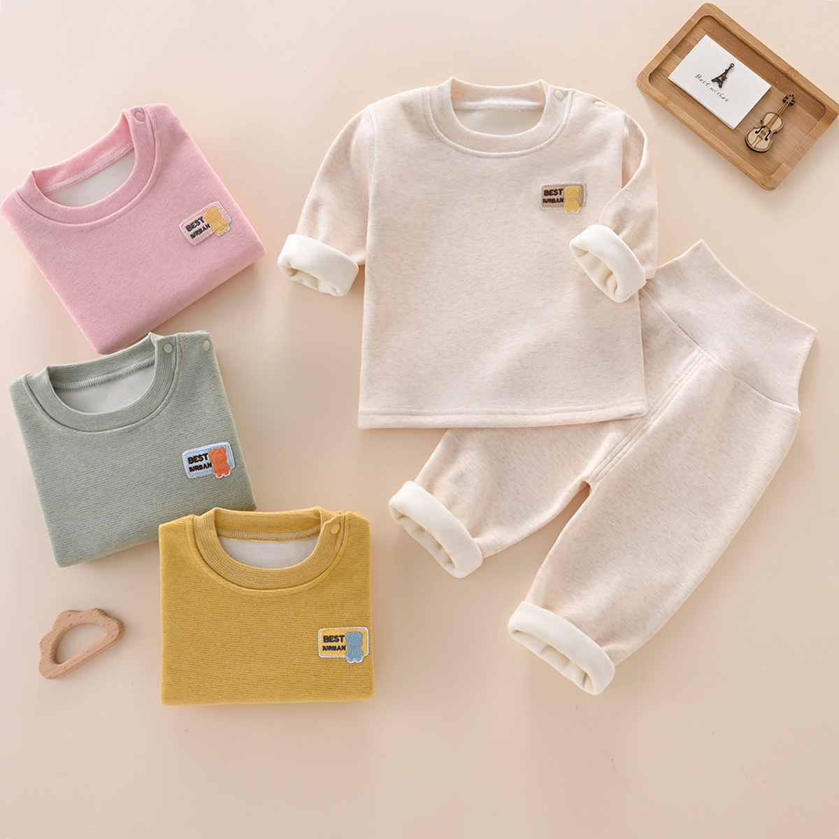 Children's Autumn and Winter Silk Cashmere fleece-lined High Waist Split Set Baby Warm Inner Home Clothes