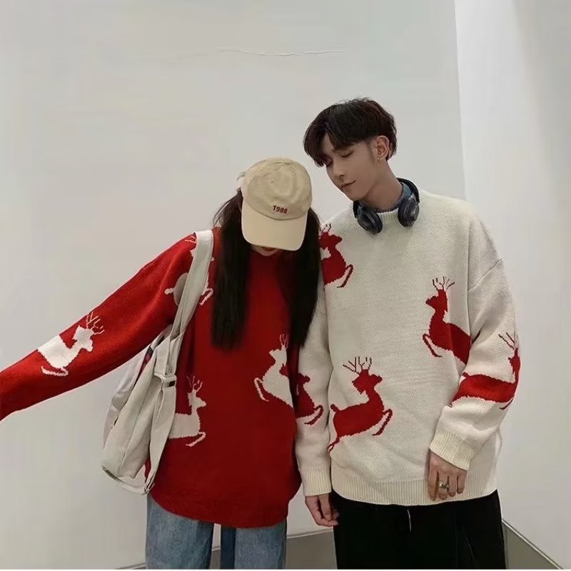 Francés Otoño e Invierno Nueva pareja engrosada suéter de cuello redondo de los hombres de estilo de Hong Kong estilo coreano flojo estilo perezoso suéter de punto