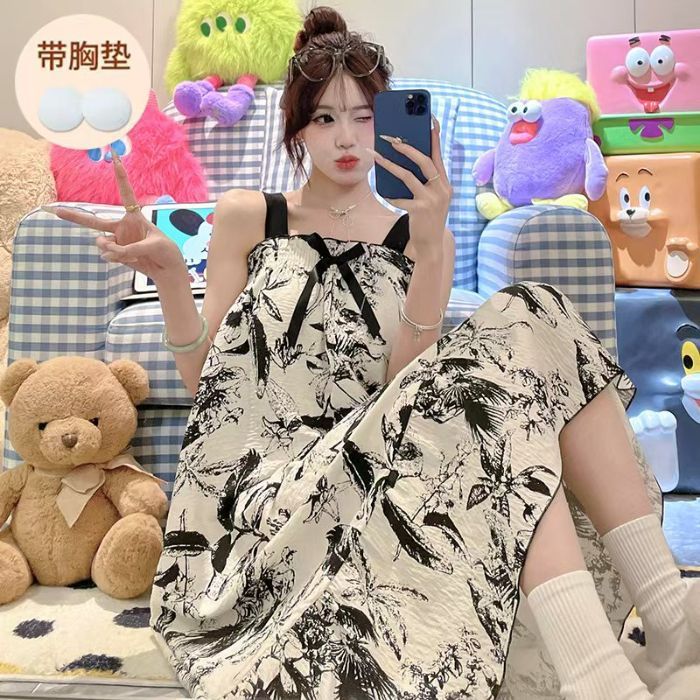 Camisón camisón niña nube cinturón de algodón cojín fijo para el pecho estampado dulce lazo coreano lindo servicio a domicilio casual