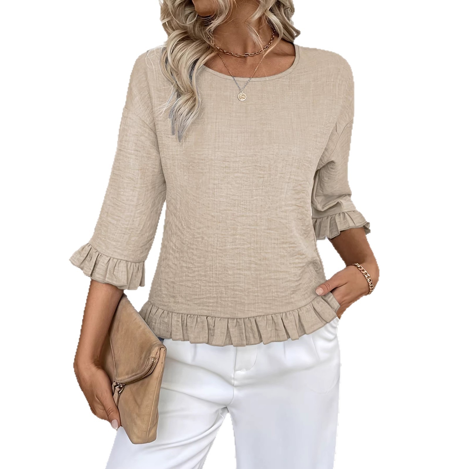 2026 Half Sleeve Women's Short Sleeve Crew Neck Solid Color Loose Shirt Thin Breathable_ecoleips.com