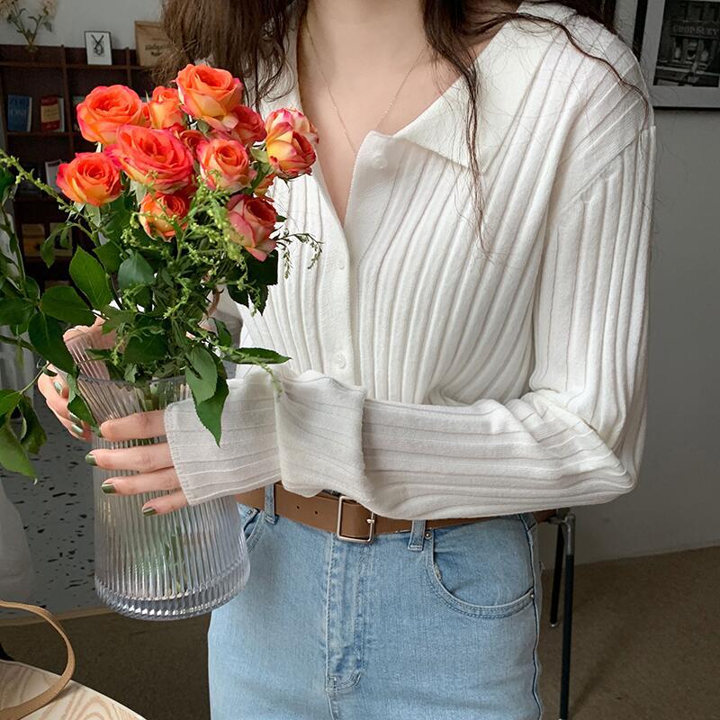 Polo Lapel Knitted Bottoming Shirt 2025 Autumn and Winter New Retro Gentle Inner Sweater Cardigan Slim Top for Women