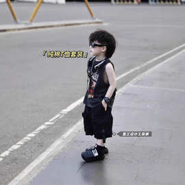 外贸批发男女纯棉水洗做旧背心T恤+工装五分裤夏季潮款中大童套装