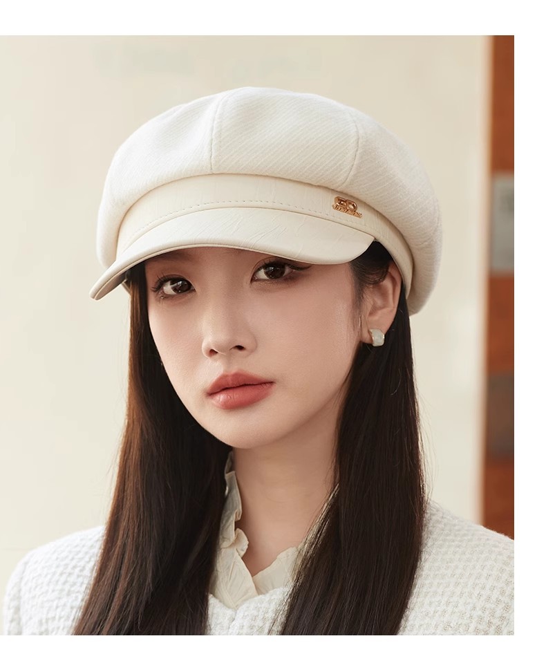 Cappello unisex alla moda in pelle con patchwork ottagonale da donna autunno-inverno vintage nero grande testa rotonda mostra viso piccolo cappello_voghion.com