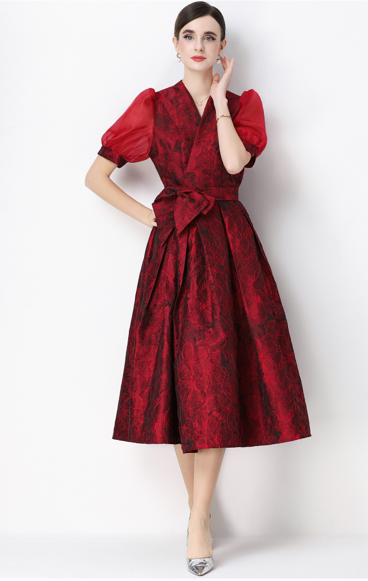 Đầm maxi nữ thắt eo V cổ tay ngắn họa tiết jacquard thanh lịch — màu đen, xanh lam, Màu hồng, màu trắng chi tiết 24