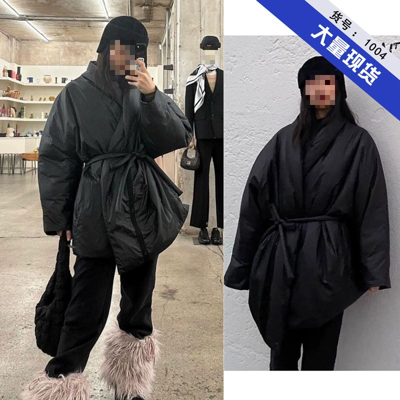 2024 Джемин в том же стиле, осенне-зимний черный халат с завязками, теплый плотный хлопковый свободный плащ, модный