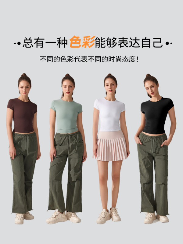 欧美圆领休闲运动短袖透气速干瑜伽T恤收腰修身跑步健身背心上衣|undefined