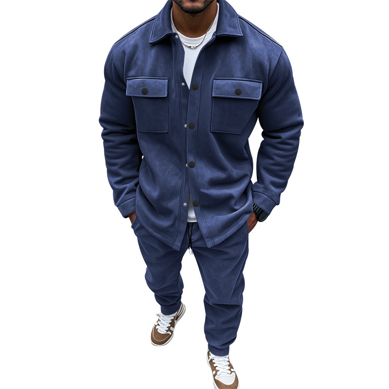 Europa y América Otoño/Invierno Transfronterizo Amazon Chaqueta europea y americana Pantalones casuales Traje de gamuza de dos piezas para hombre de color sólido para hombre