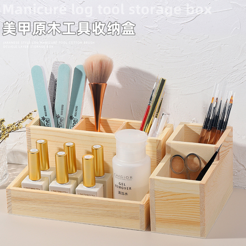 Sol rojo neto Registro de uñas caja de almacenamiento cabeza de molienda polvo cepillo pintura pluma frote tira de almacenamiento de madera herramientas prácticas
