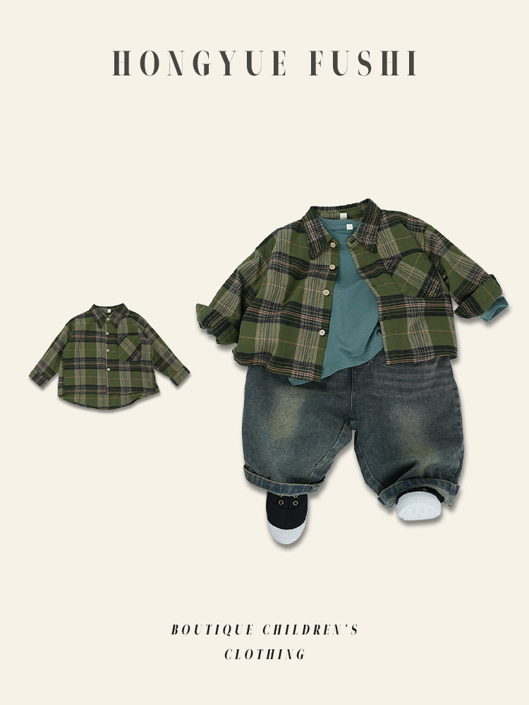 Autumn retro green colored children's shirt for men and women for…
