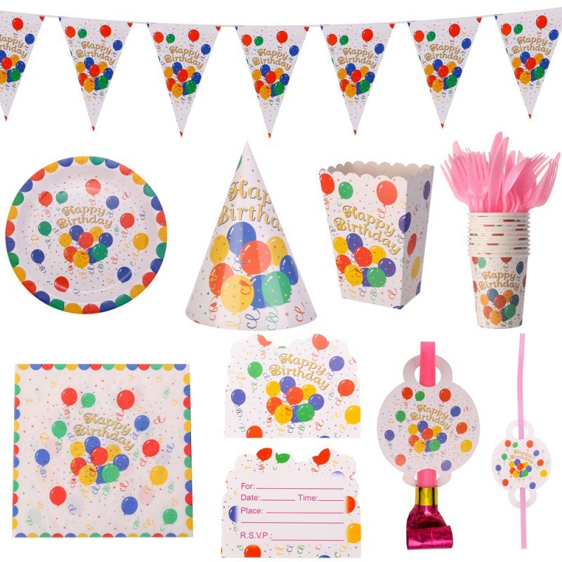 Colorful Balloon Happy Birthday Party Decoration Paper Cup Paper Tray Festival Decoration Festival Dress-up Disposable Tablecloth
