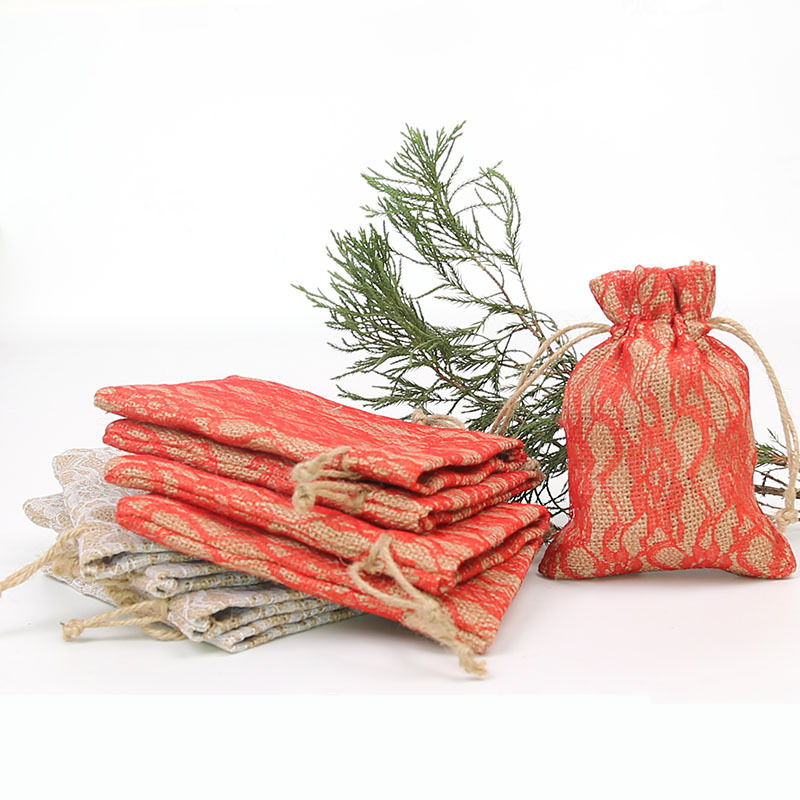 厂家直销 圣诞束口袋 仿麻袋加蕾丝 米黄色喜庆红 礼品收纳袋|ru