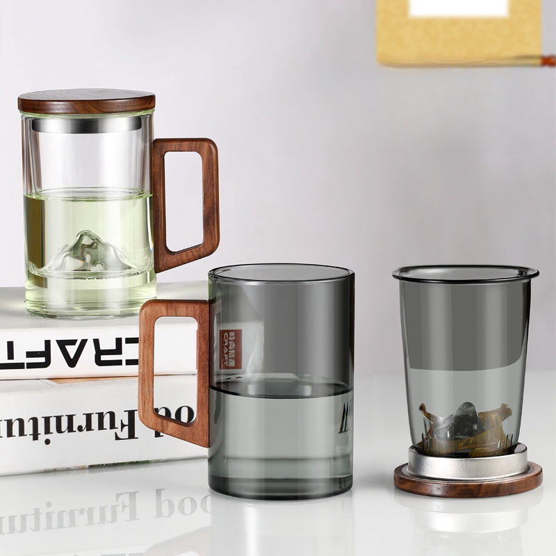 Taza de té verde de vidrio de alto silicio de silicio separación de té vista paisaje taza de agua hogar con mango de oficina taza de tres piezas resistente a altas temperaturas
