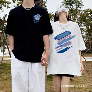 Cross-Border 2025 Couple Wear Pure Cotton Short-Sleeved T-Shirt Summer New Loose Slimming Niche Design Tops for Men and Women