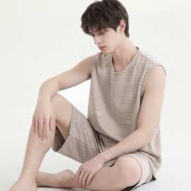 夏季新款100%棉男背心短裤套装睡衣运动休闲男家居服图片色纯棉
