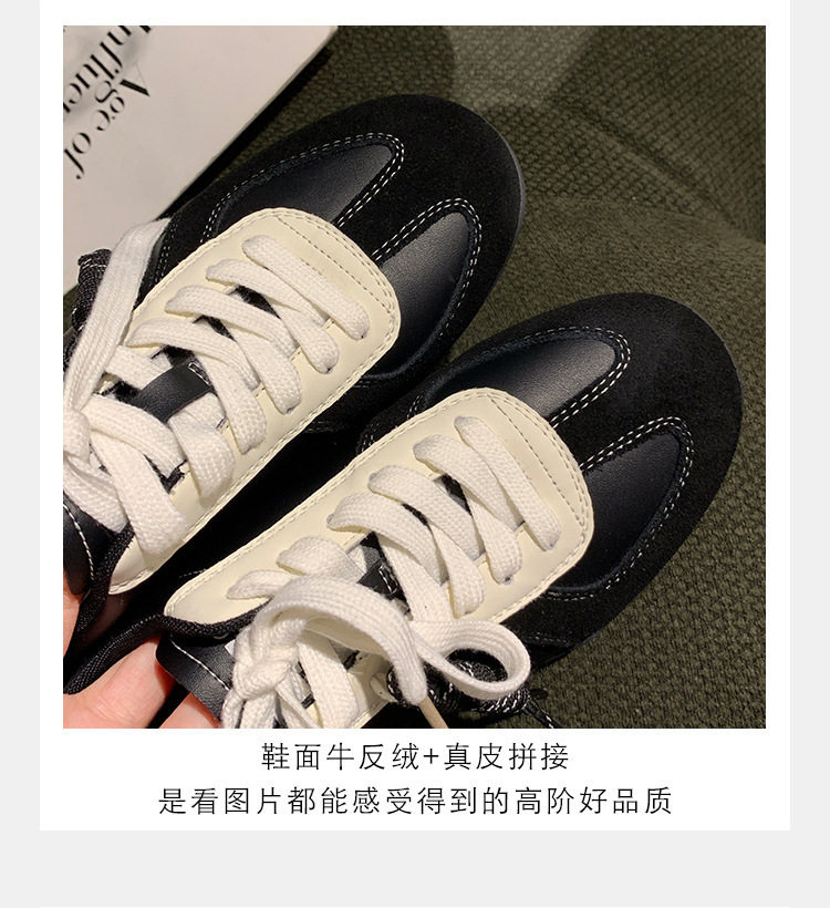 Giày sneaker nữ da bò phối màu mũi tròn dây buộc tăng chiều cao — Màu trắng nhạt, màu sô cô la, màu vàng, màu đen chi tiết 11