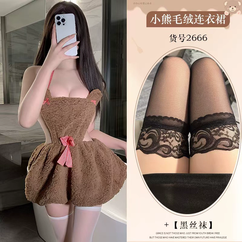 Бархатное мини-платье (), открытая спина, косплей с медвежатами, one size