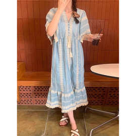 法式波西米亚流苏V领连衣裙女夏季大码胖mm民族风旅游度假长裙子