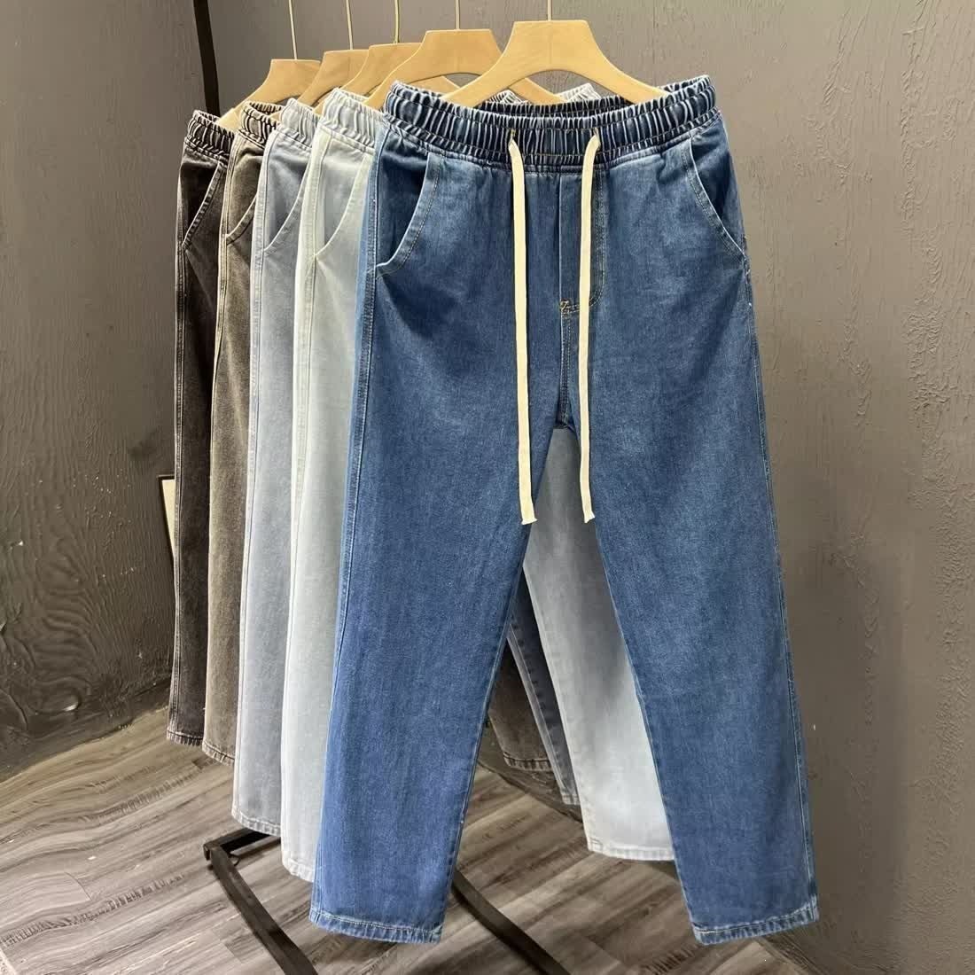Herrenjeans mit elastischem Bund, dünne, lockere Sommerpassform, gerades Bein, neunteiliges, weites Bein, lässige Retro-Hose der High Street_voghion.com