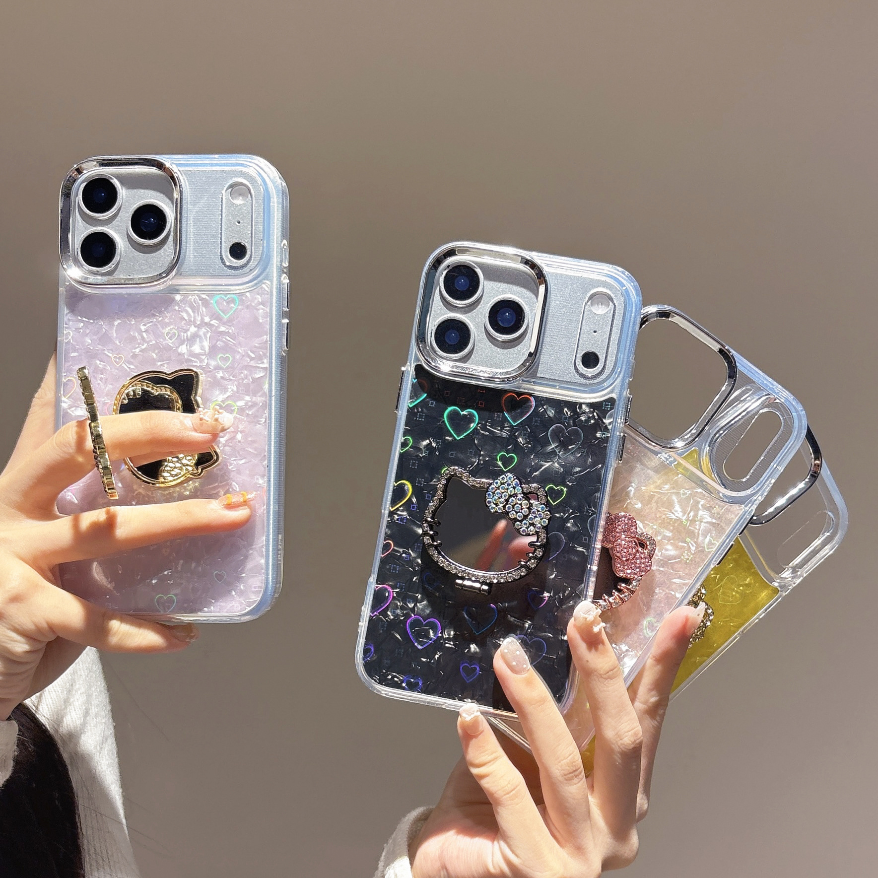 Suitable for 14 Niche Models, 13 Shell-Pattern Kt Cat Makeup Mirror iPhone 17 Pro Max Phone Case, Apple 16 Diamond-Encrusted 15