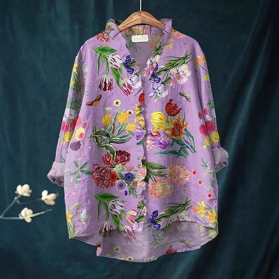 2025 European and American Cross-Border Independent Station Amazon Digital Printing Round Neck Long-Sleeved Lace Shirt Floral Style