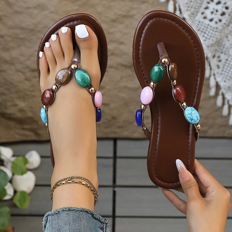 Bohemian Colorful Beaded Flip-Flops for Women, Summer Outdoor Wear, Flat Beach Sandals, Large Sizes 36-45