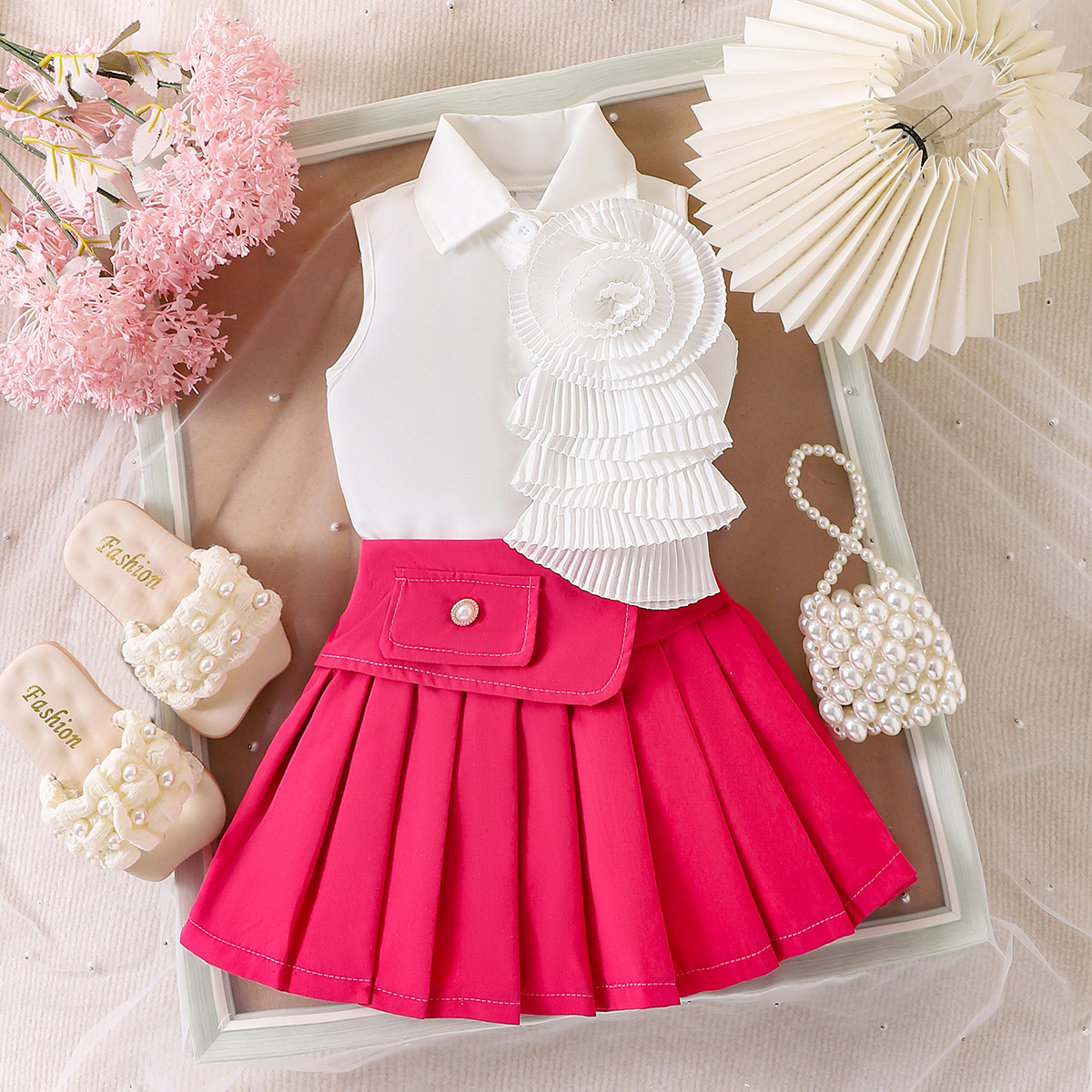 2026 Amazon European and American Summer New Style Girls' Lapel Sleeveless Shirt Rose Red Pleated Skirt Suit