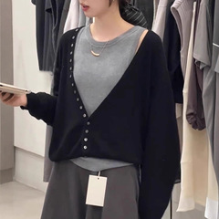 韩系氛围感撞色长袖针织衫女巨好看的早秋穿搭短款叠穿两件套上衣