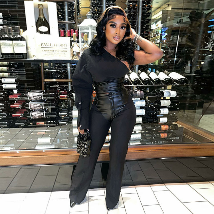 Street Fashion Motorcycle Style Shirt Leather Stitching Women's 2024 Spring and Summer New Arrival Slant Collar Slim Fit Slim Long Sleeve