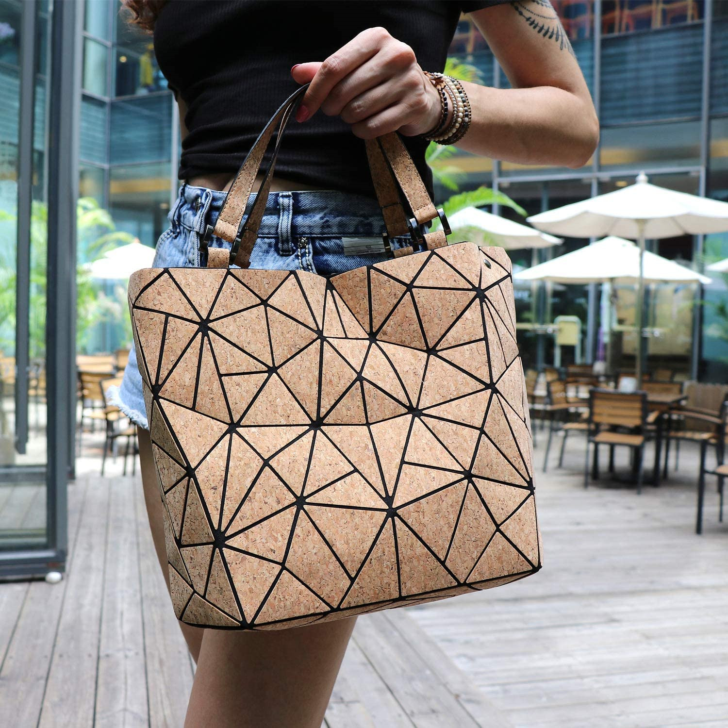 Environmentally friendly PU cork diamond grid handbag with tree bark folding geometric single shoulder women's bag,_voghion.com