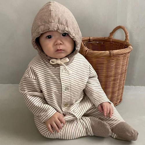 Korean version of ins baby striped casual hooded crawler clothes for men and women, spring and autumn foot-wrapped one-piece romper for men and women