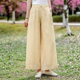 2026夏季新款苎麻花边九分裤松紧腰抽绳宽松文艺纯色直筒休闲女裤