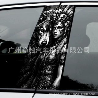 跨境新款复古部落少女与狼高清UV防水汽车中柱贴B柱个性改装贴