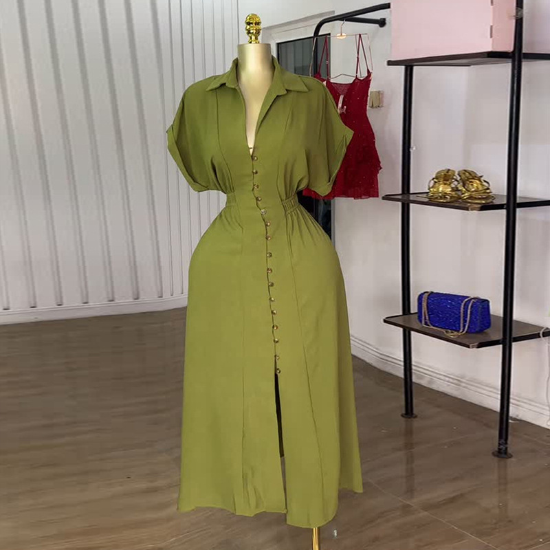 Women's Clothing Summer Fashion Shirt Dress American Style Lapel Short Sleeved Single Breasted Waist Cut Slit_ecoleips.com