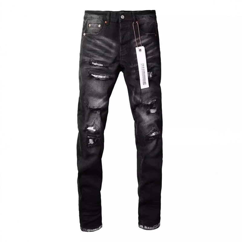European and American High Street Men's Jeans Black Ripped Patch Elastic Slim Button Placket Trendy Men's Jeans