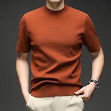 2025秋季新款16针男式纯色半高领针织衫 男士休闲半袖修身打底衫