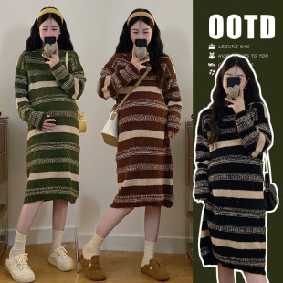 Real shot in stock retro lazy style long striped sweater dress for pregnant women