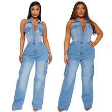 6981外贸欧美跨境紧腰修身弹力洗水牛仔连体裤直筒宽松连体衣裤