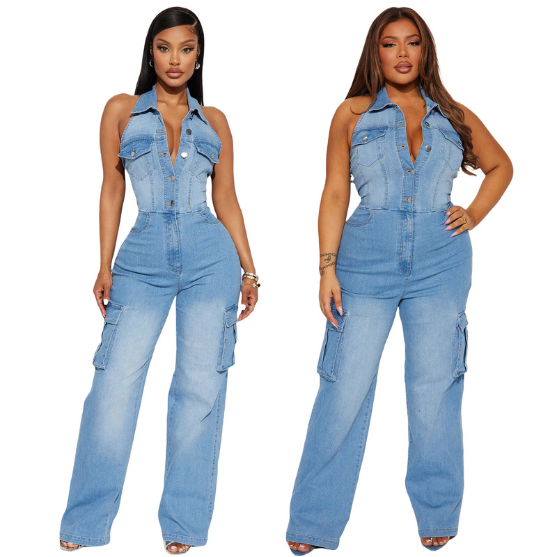 6981 Foreign Trade Europe and America Cross-border Tight Waist Slim-fit Elastic Wash Water Denim Jumpsuit Straight Tube Loose Jumpsuit 6981 Foreign Trade Europe and America Cross-border Tight Waist Slim-fit Elastic Wash Water Denim Jumpsuit Straight Tube Loose Jumpsuit