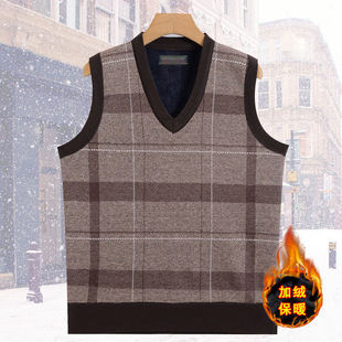 Autumn and Winter New Men's Knitted Sweater fleece-lined Vest Middle-aged Plaid Thickened Casual Sleeveless Pullover Men's V-neck