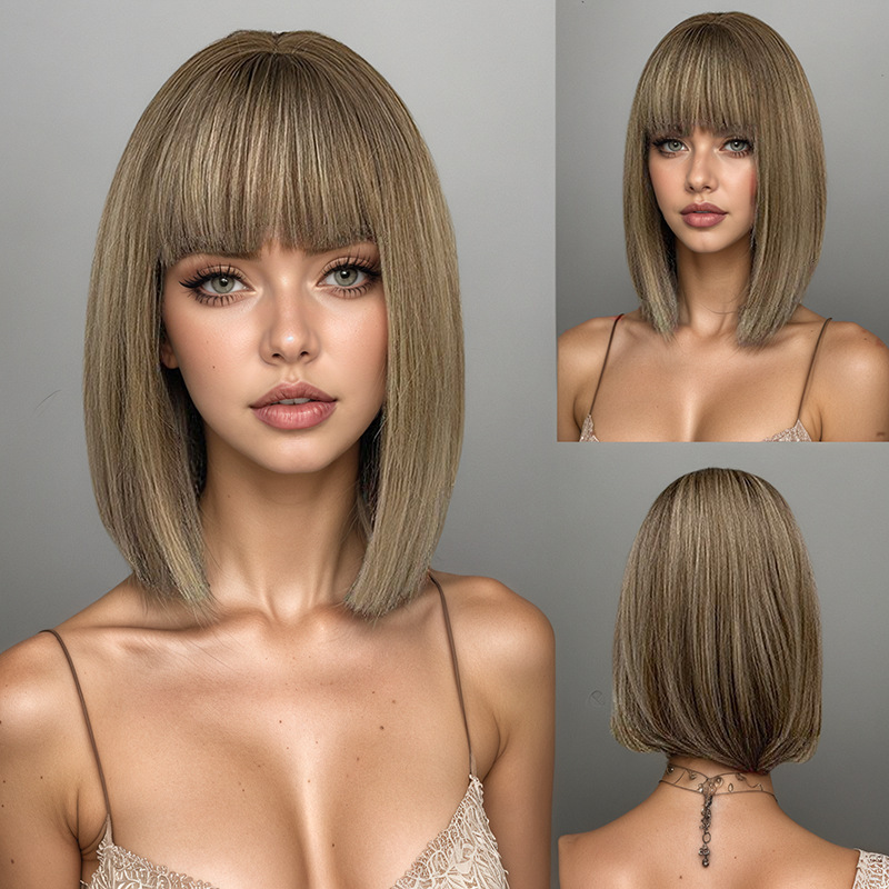 Shiny short straight bob wig with neat bangs female synthetic fiber hair replacement for everyday