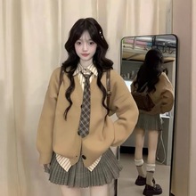 秋冬季小个子韩系穿搭短裙套装女学院风针织毛衣外套百褶裙两件套
