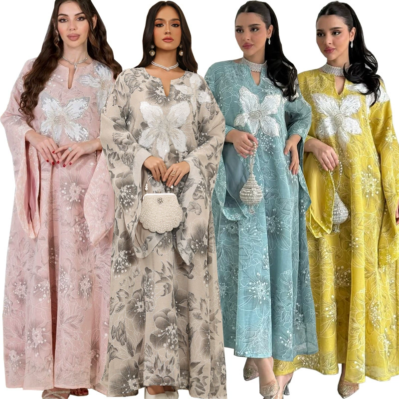 AB490 Новое высококачественное модное платье-джалабия с вышивкой, аппликацией из ниток и пайетками для трансграничной торговли