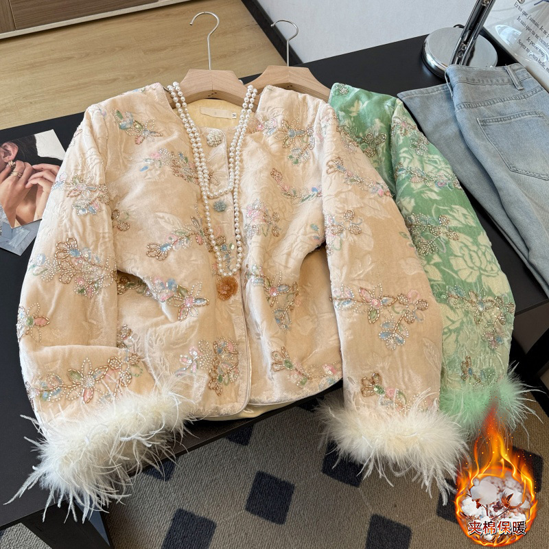 Actual Shot of New Chinese-Style Tang Suit Hanfu with Heavy Jacquard, Round Neck, Quilted and Thickened with Ostrich Feather Three-Dimensional Inlay Long-Sleeve Jacket Actual Shot of New Chinese-Style Tang Suit Hanfu with Heavy Jacquard, Round Neck, Quilted and Thickened with Ostrich Feather Three-Dimensional Inlay Long-Sleeve Jacket