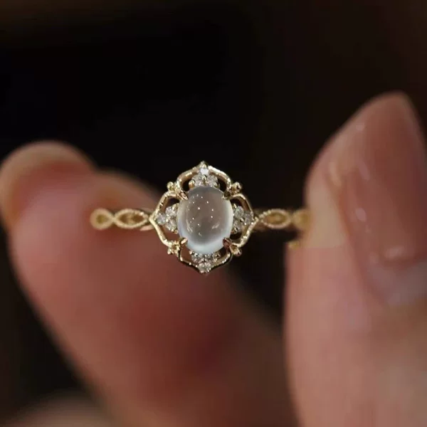 Factory Hot Internet Celebrant Hollow Moonstone Opening Ring Women's Best Friend Sweet Romantic Court Style Retro Finger Ring