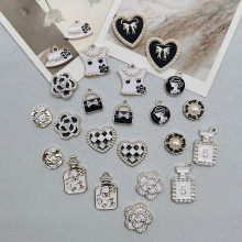 小香风diy手工饰品配件黑白格水钻爱心发夹胸针材料手机壳装饰品