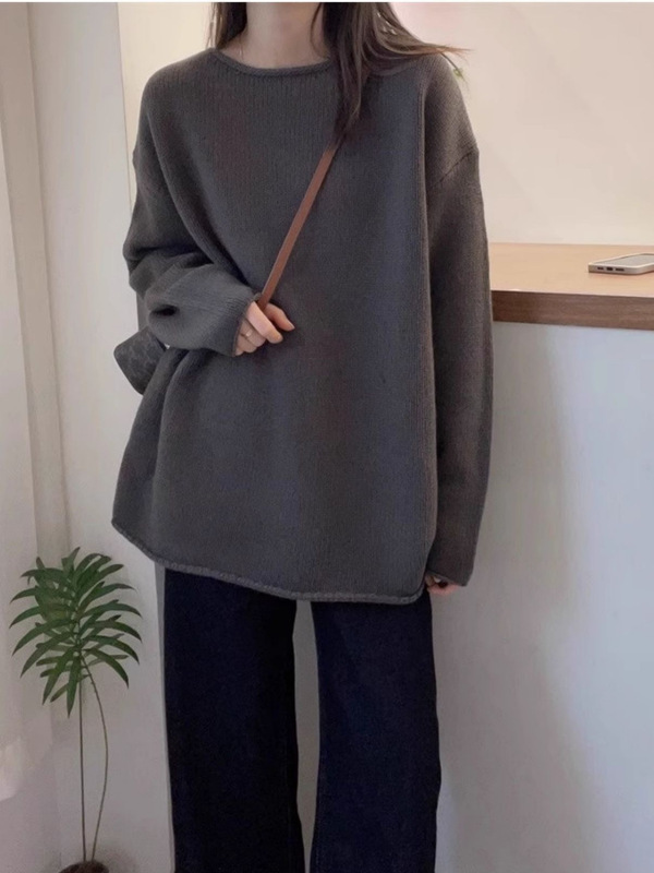 软糯纯色毛衣女宽松慵懒风高级感2025秋冬新款圆领套头针织衫上衣|undefined