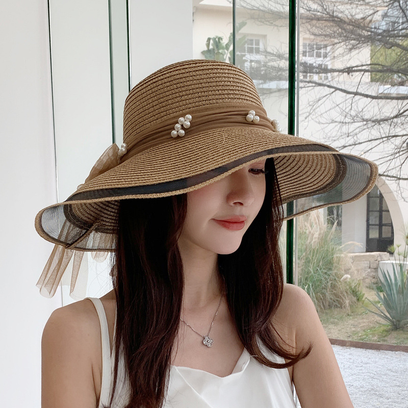seaside straw hat women‘s summer beach hat new mesh pearl sun hat french sun hat big brim sun-proof casual hat