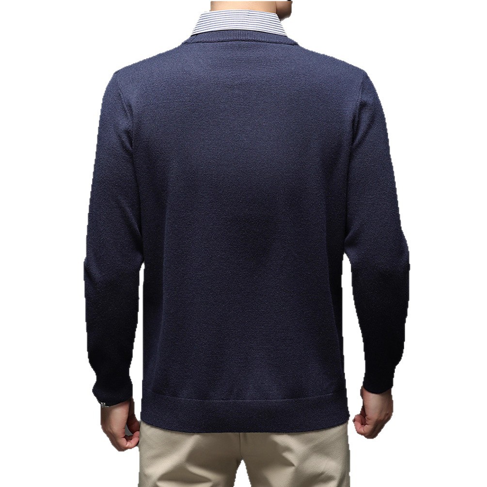 Camisas de punto para hombre simple nuevo falso de alta gama de dos piezas chaqueta casual otoño invierno chaqueta de rayas verticales cabeza suéter de manga larga