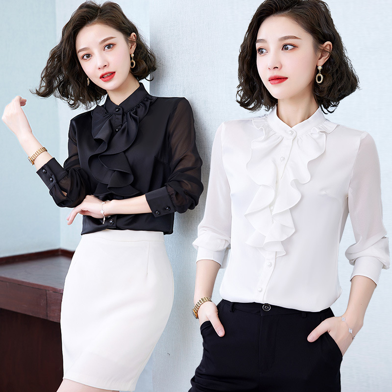 2024 Spring New Stand Collar Chiffon Shirt Women's Long Sleeve Solid Color Western Style Ruffled Casual Commuting Bottoming Shirt 2024 Spring New Stand Collar Chiffon Shirt Women's Long Sleeve Solid Color Western Style Ruffled Casual Commuting Bottoming Shirt
